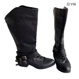 PIERRE DUMAS Boots Black Moto Buckles Chains Braided Straps Back Zip Size 9 EUC